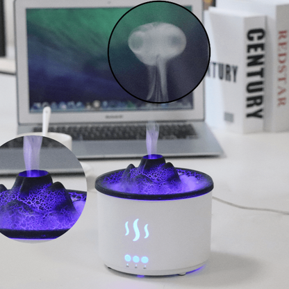 Volcano diffuser with flame lava design, USB-powered humidifier, ideal for aromatherapy in home, bedroom, and yoga spaces.