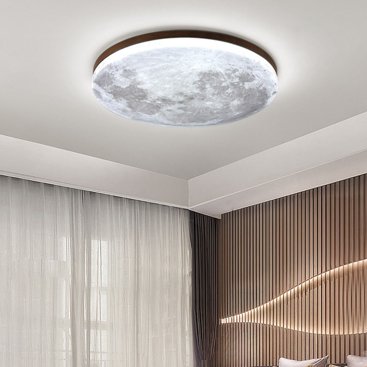 Royaleva Nordic Moon LED Ceiling Light - Modern Minimalist Flush Mount - Small / White Light (5000K) / Walnut