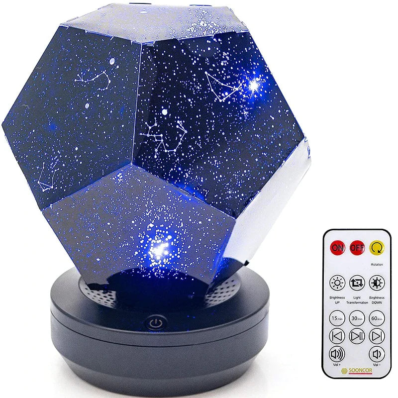 Galaxy star night light projector with Bluetooth, multi-color, adjustable brightness, and USB rechargeable battery, perfect for bedrooms and relaxation.