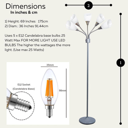 Floor Lamp for Bedroom Multi Head 5 Light Bright Floor Lamp - Medusa 5 Light Standing Lamp -Floor Lamps for Bedroom Spider Lamp 5 Acrylic White Shades Standing Light Spider Lamp Silver Floor Lamp