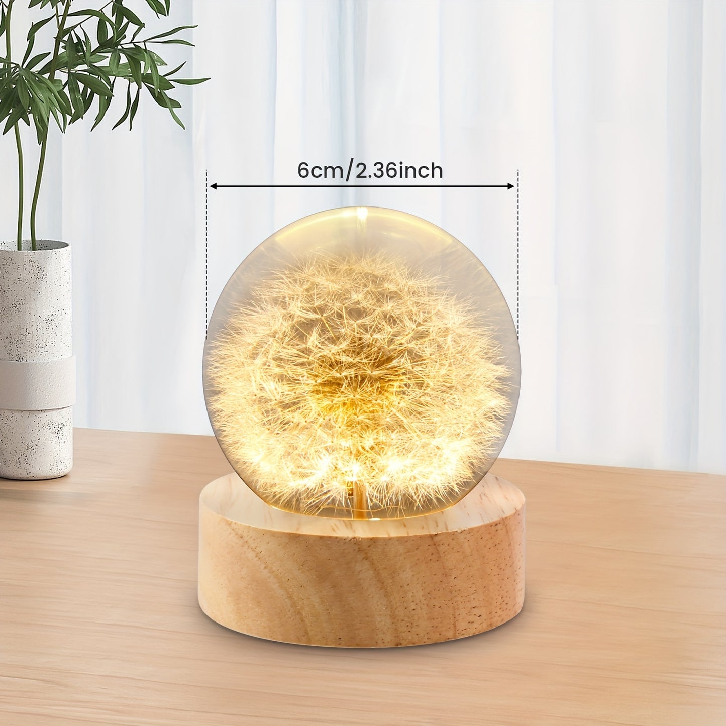 Crystal Ball Lamp with dandelion design, LED night light, and wooden base, USB powered for bedroom and home decor.