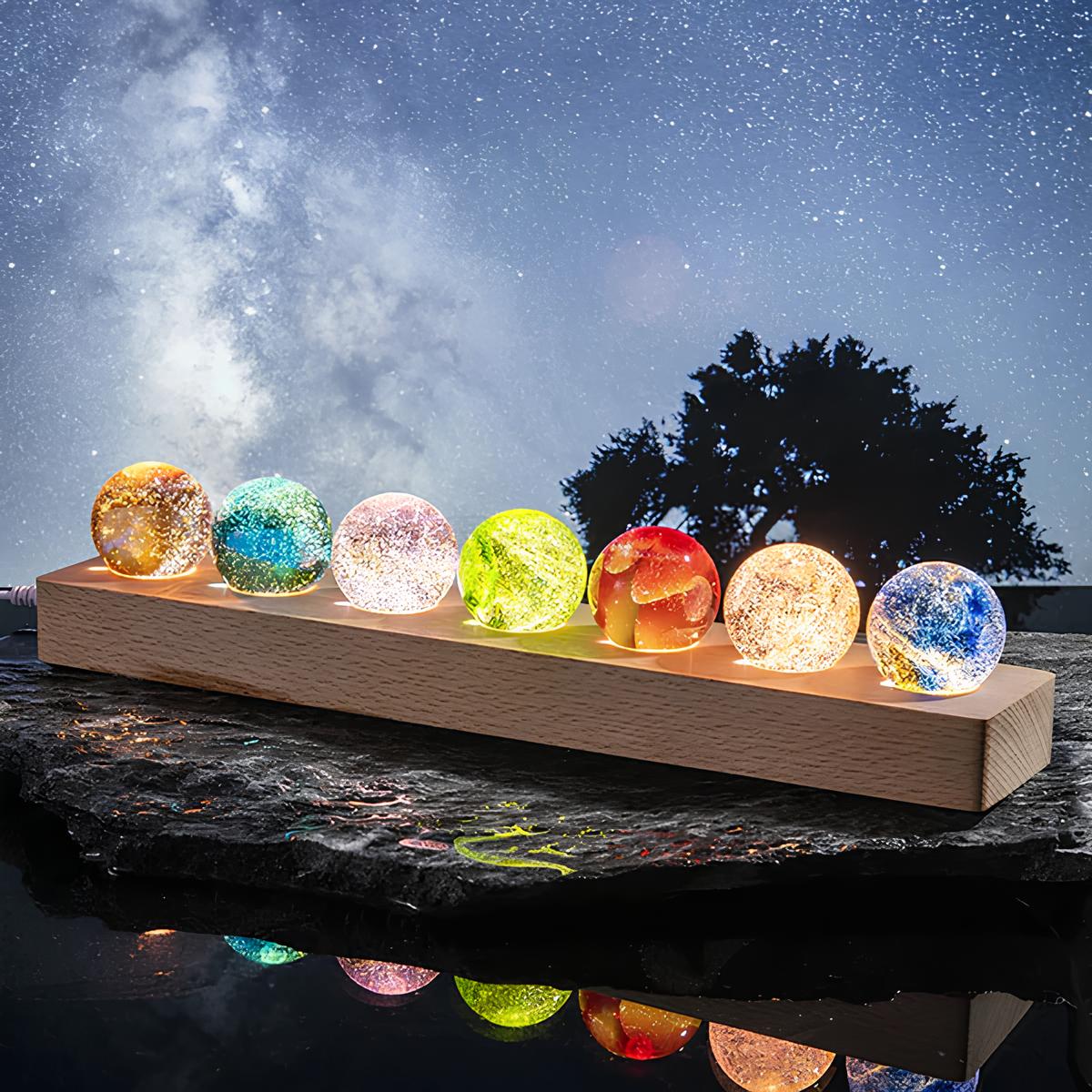 Royaleva Crystal Galaxy Orbs - 7 Galaxy-Themed Glass Spheres on Wooden Base