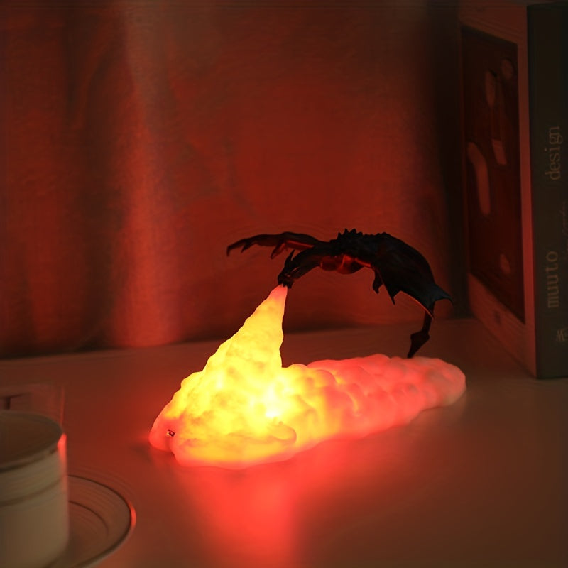 3D-printed fire dragon lamp with volcano effect, rechargeable battery-powered night light, perfect for bedroom or office decor, fantasy-themed ambiance.