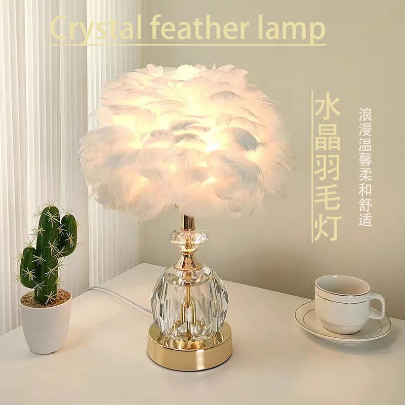 Crystal Desk Lamp LED Handmade Feather Desk Lamp Nordic Home Decoration Lamp Modern and Simple Bedroom Bedside Desk Lamp