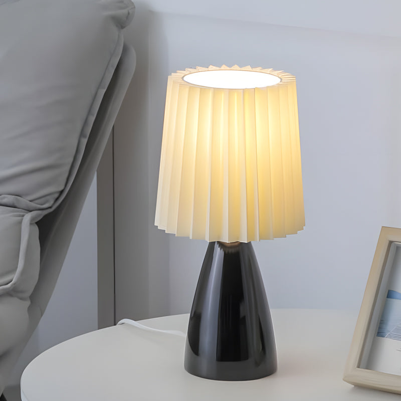 LuxRoyale Pleated Fabric Table Lamp - Dimmable LED with Glass Base & USB Port - Black