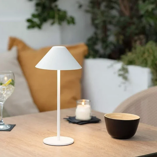 Stylish cone-shaped table lamp with a warm LED glow and dimmable touch controls, perfect for indoor and outdoor cozy ambiance.