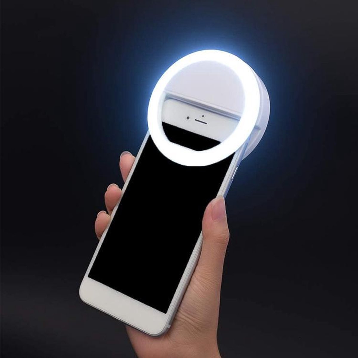 Portable selfie ring light with 3 brightness levels, USB rechargeable, clip-on design for phones and laptops