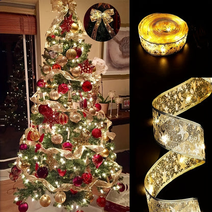 Battery-operated multi-color LED ribbon lights wrapped around a Christmas tree, perfect for holiday and wedding decor.