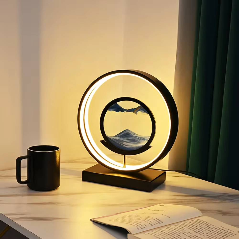 Enchanting Horizon Sand Art LED Lamp - Ambient Tabletop Light for Home Decor - Black / Lush Green