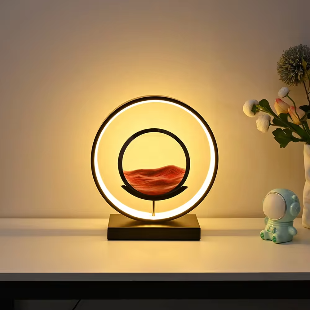 Enchanting Horizon Sand Art LED Lamp - Ambient Tabletop Light for Home Decor - Black / Mars Red