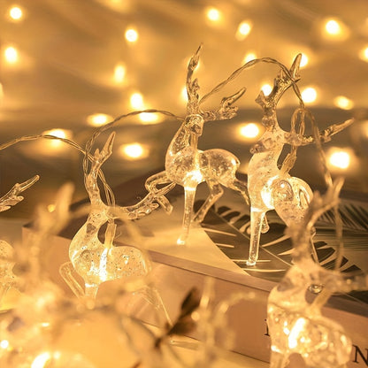 Reindeer-themed battery-operated LED Christmas string lights, perfect for indoor and outdoor holiday decor, featuring warm glow for a festive ambiance.