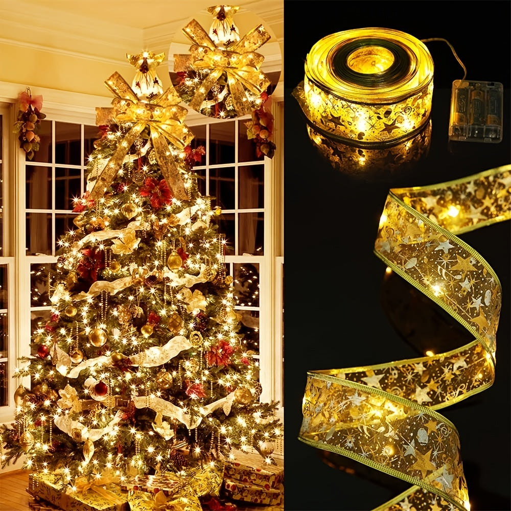 Battery-operated ribbon LED Christmas lights with warm glow, perfect for decorating Christmas trees, weddings, and holiday events.