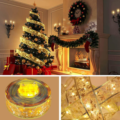 Battery-operated multi-color LED ribbon lights wrapped around a Christmas tree, perfect for holiday and wedding decor.