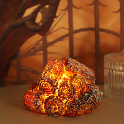 Bonfire LED resin simulation flame lamp with realistic charcoal glow, battery-powered for festive home, office, and holiday decoration.