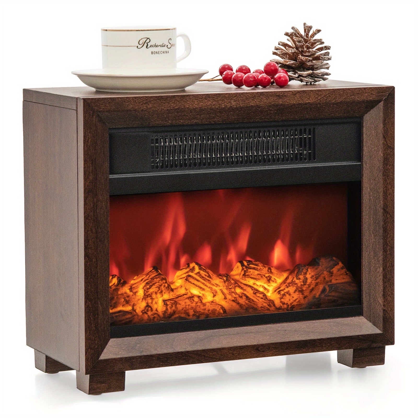 Portable electric fireplace with a wooden frame, vivid flame effect, compact design, and easy plug-and-play operation for small spaces.