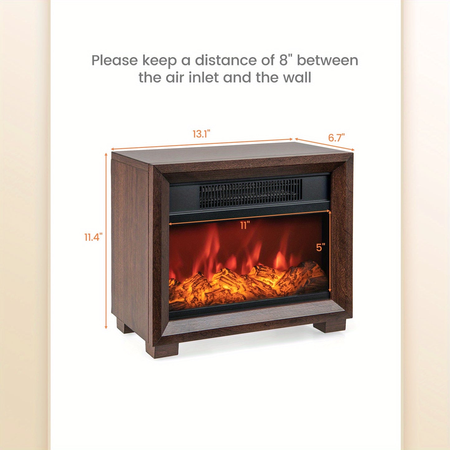 Portable electric fireplace with a wooden frame, vivid flame effect, compact design, and easy plug-and-play operation for small spaces.