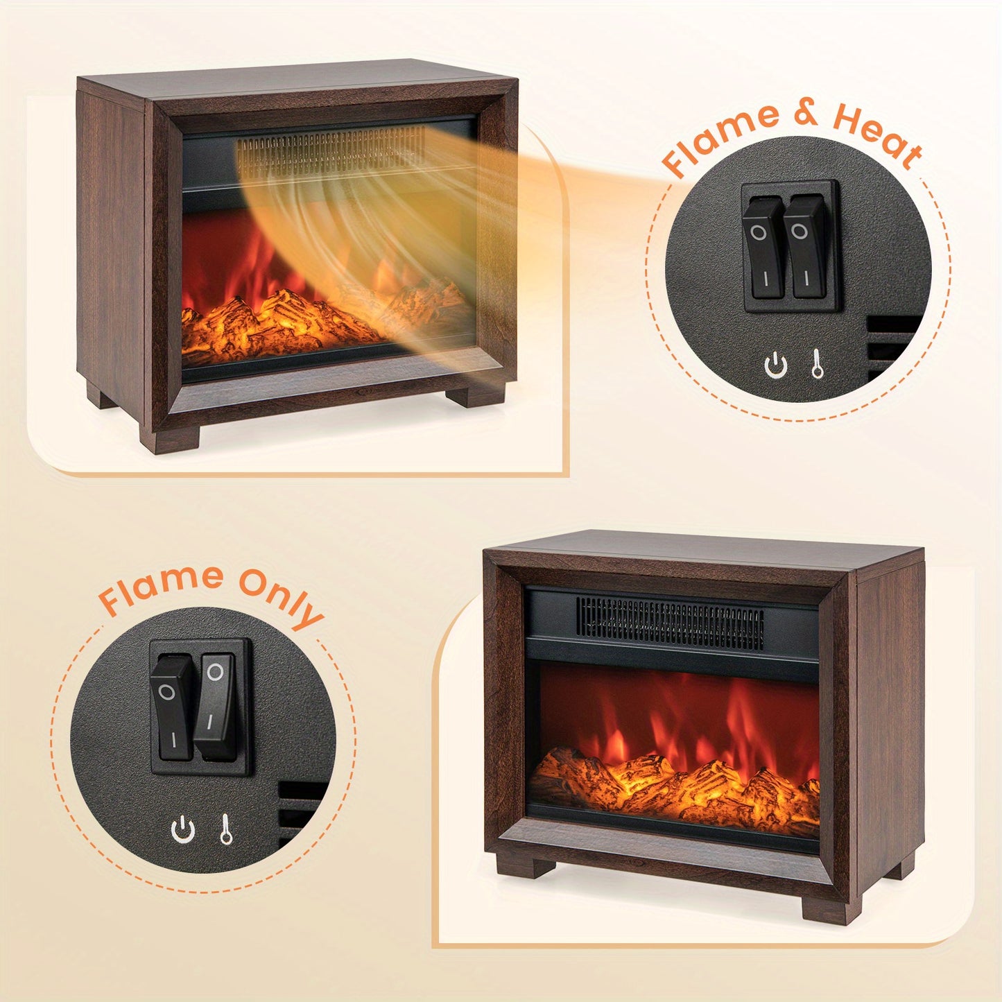 Portable electric fireplace with a wooden frame, vivid flame effect, compact design, and easy plug-and-play operation for small spaces.