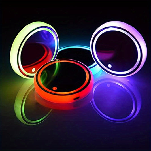 Illuminated cup holders with 7 color LED lights, USB rechargeable, and waterproof acrylic material for car interior lighting.