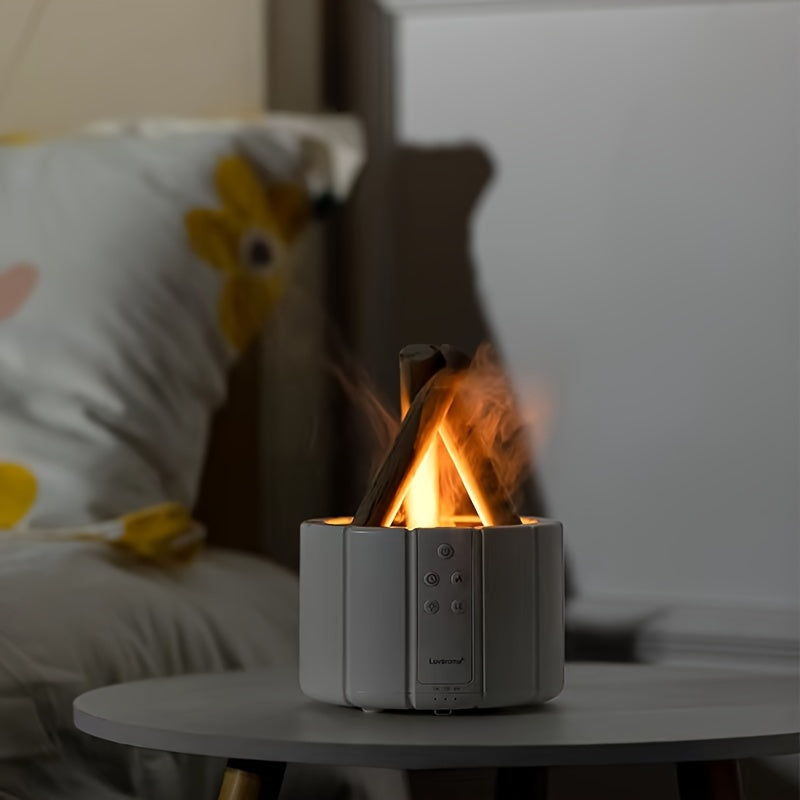 USB powered fire diffuser with bonfire flame effect, perfect for aromatherapy and humidification in the home or office.