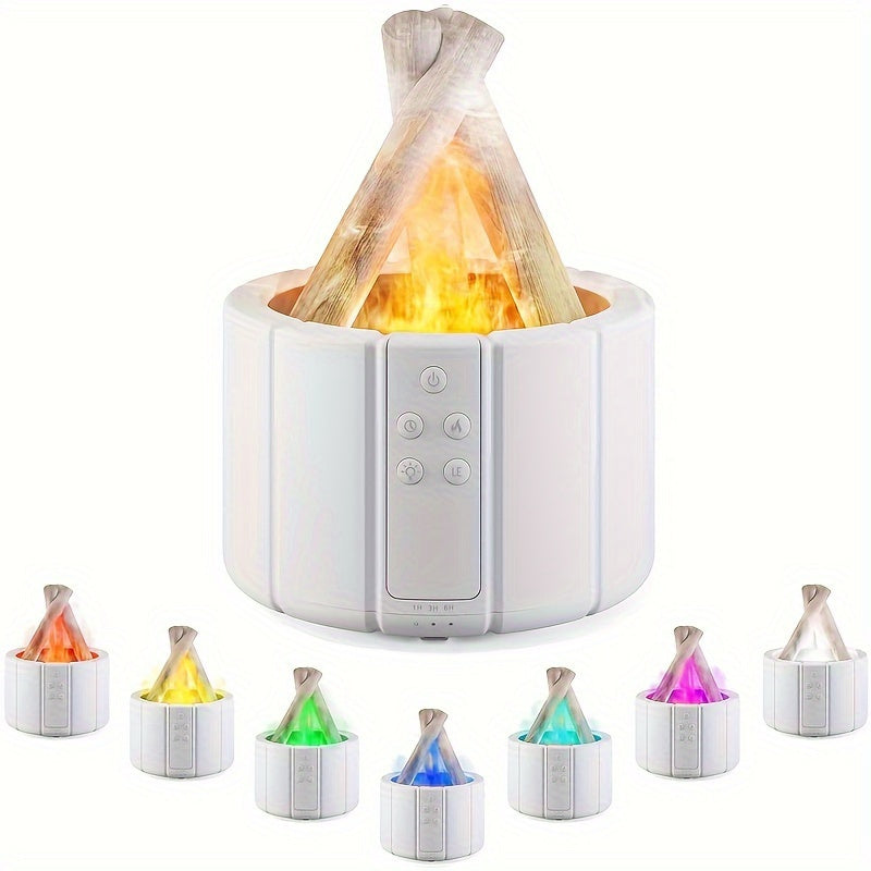 USB powered fire diffuser with bonfire flame effect, perfect for aromatherapy and humidification in the home or office.