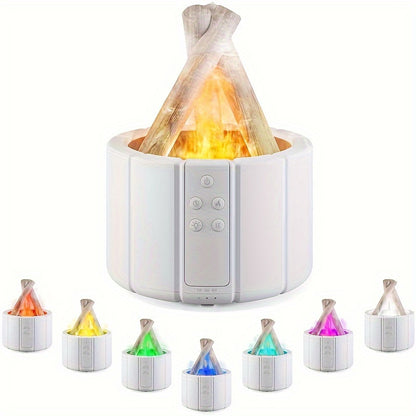 USB powered fire diffuser with bonfire flame effect, perfect for aromatherapy and humidification in the home or office.