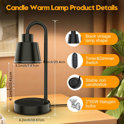 Electric black candle warmer lamp with dimmable heat, timer, and adjustable brightness, perfect for melting wax and home decor.