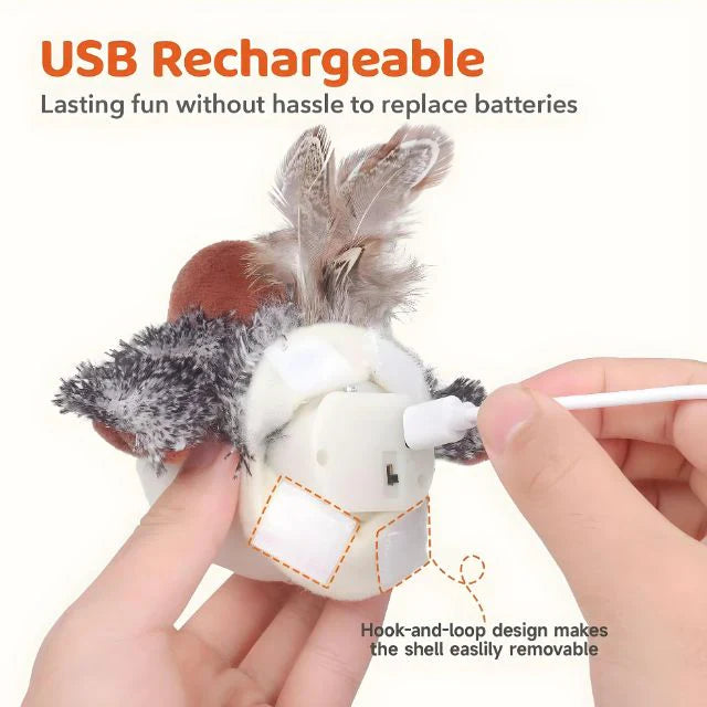 Pawellure Interactive Chirping Bird Cat Toy - USB Rechargeable with Nylatails Silvervine for Engaging Play and Natural Hunting Instincts