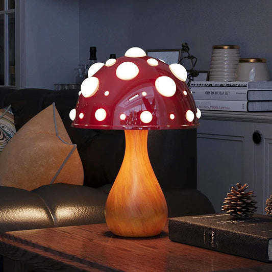 Vintage mushroom-shaped decorative table lamp with multi-color LED lighting, touch and button control, and gold and white finish.