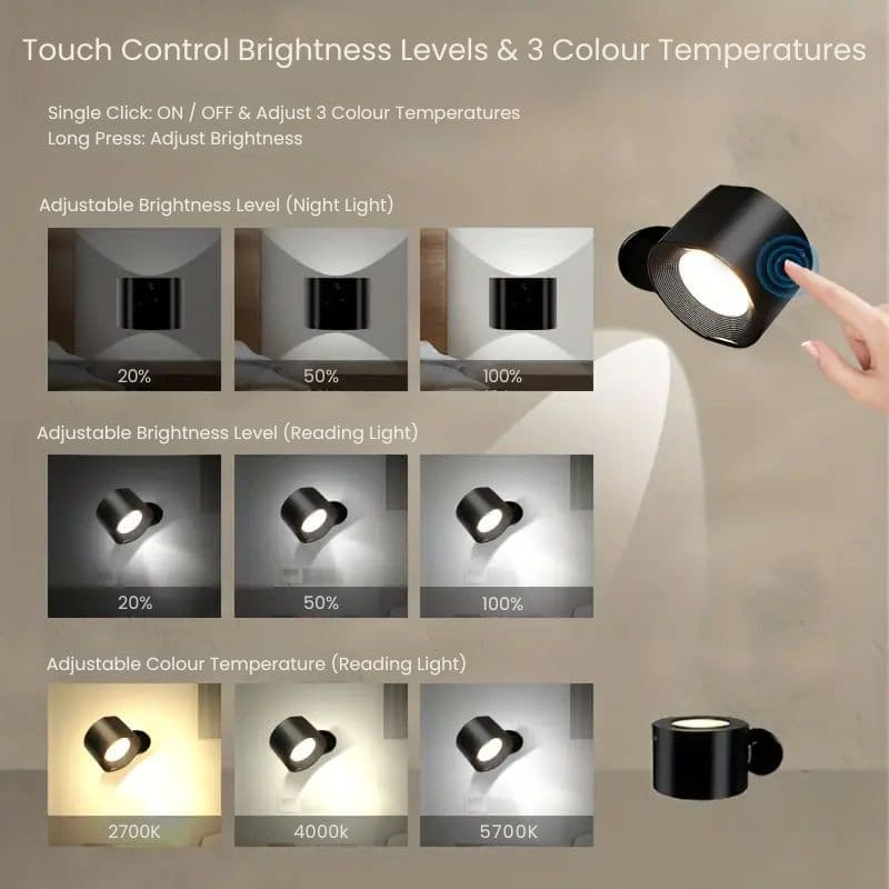 Wireless LED Wall Light - 360 Movement Reading Wall Lamp for bedroom, living room, studio - Black