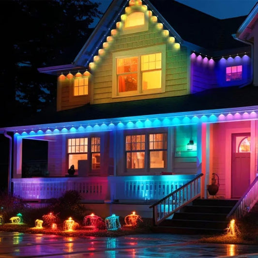 Smart color-changing LED outdoor lights, festive permanent holiday lights, Rayvia smart app-controlled lights, vibrant LED display for home exterior.