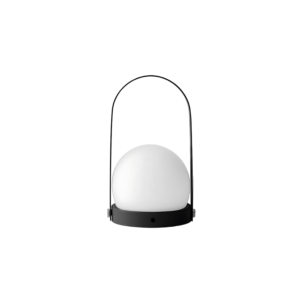 Portable wireless pendant lamp with sleek black frame and handle, ideal for indoor or outdoor use.