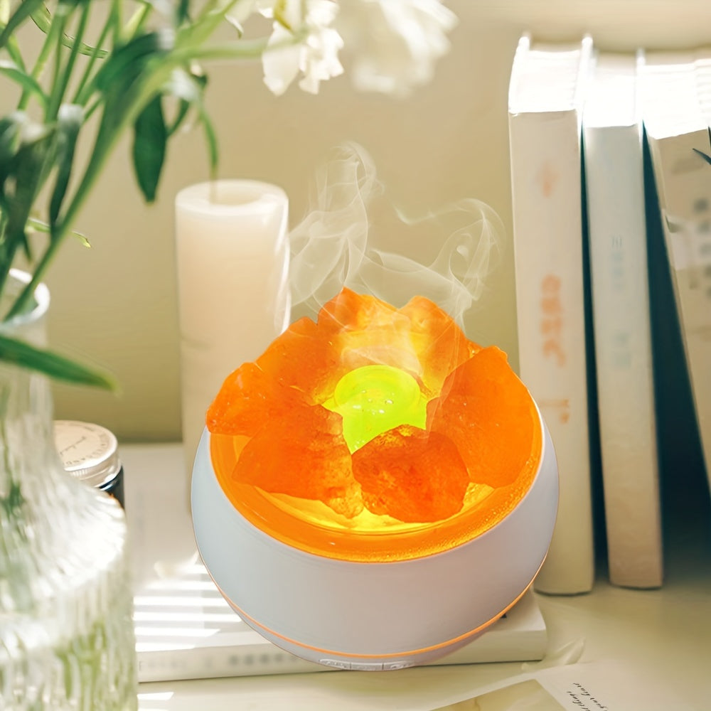 3-in-1 salt lamp diffuser with Himalayan salt crystals, USB powered, combining an essential oil diffuser, humidifier, and warm glowing nightlight.