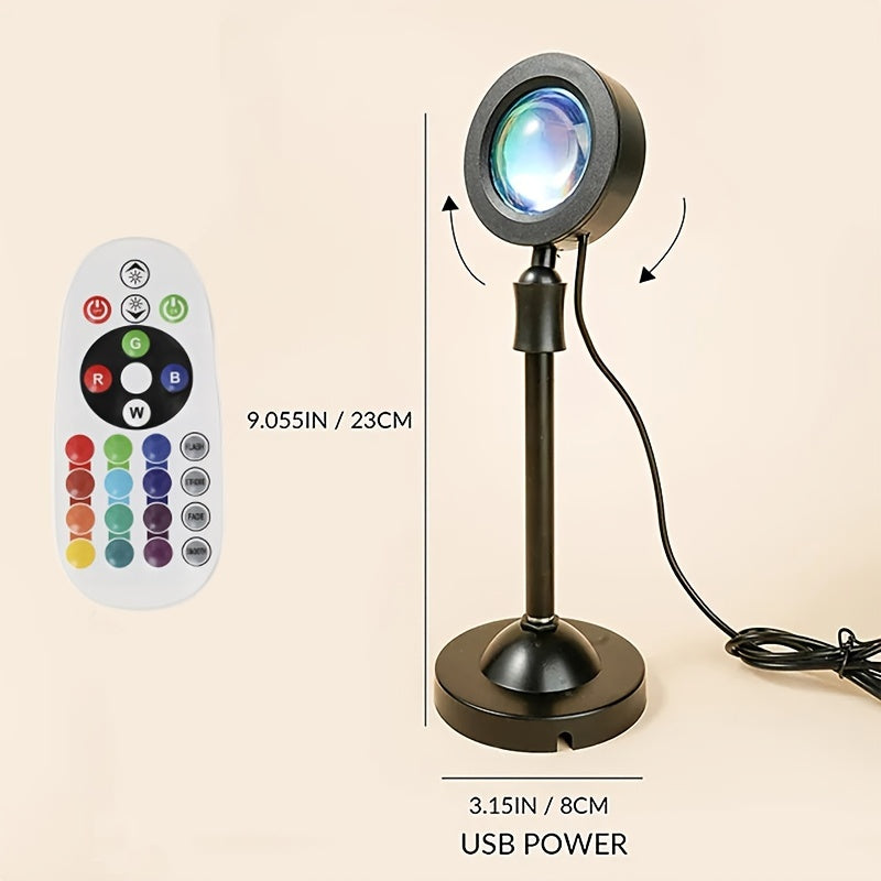 Sunset lamp with 360° rotating head and color-changing LED lights, USB-powered, remote-controlled for dynamic and adjustable lighting effects.