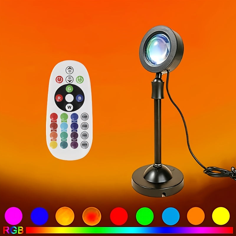 Sunset lamp with 360° rotating head and color-changing LED lights, USB-powered, remote-controlled for dynamic and adjustable lighting effects.