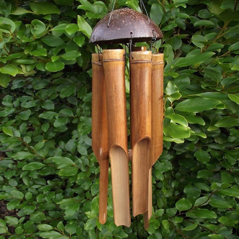 Bamboo wind chimes with natural coconut shell, five tubes, and handmade design, perfect for garden and patio decoration.