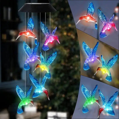 Solar-powered wind chimes with colorful LED lights, perfect for outdoor courtyard decoration and creating a magical garden atmosphere.