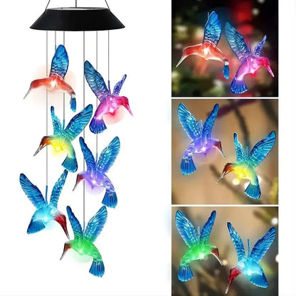 Solar-powered wind chimes with colorful LED lights, perfect for outdoor courtyard decoration and creating a magical garden atmosphere.