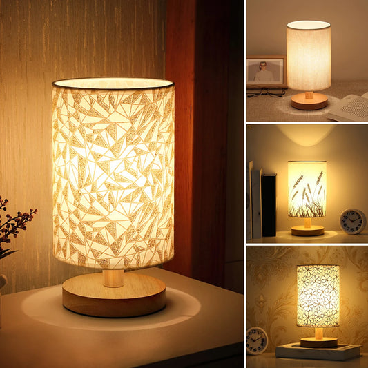 Wooden nightstand lamp with linen shade, USB-powered, soft LED light, perfect for bedside tables and bedroom decor.