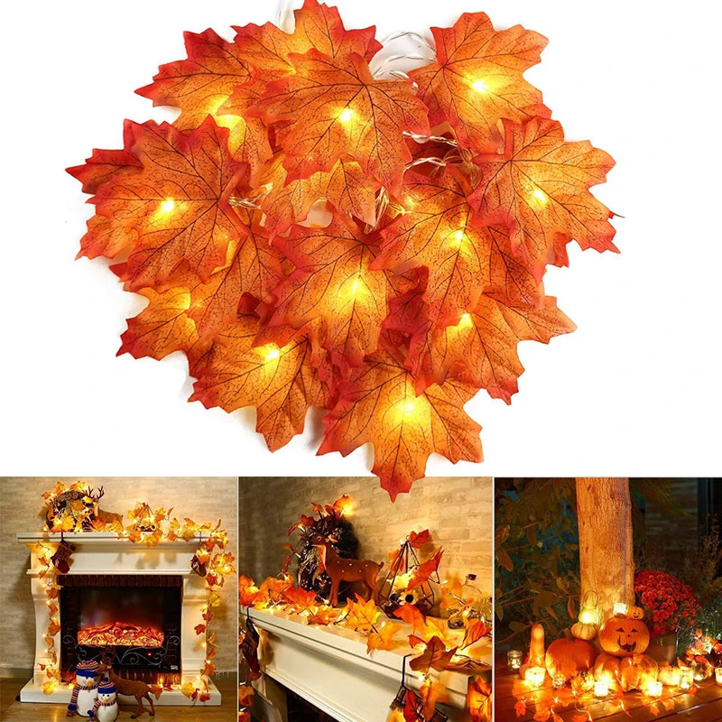 Maple leaves LED light string, autumn garland for Christmas, Halloween, and party decorations, available in multiple lengths with warm LED lights.