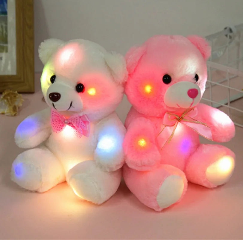 LED teddy bear plush with color-changing lights, soft and glowing stuffed animal perfect for kids’ nightlight and holiday gifts.