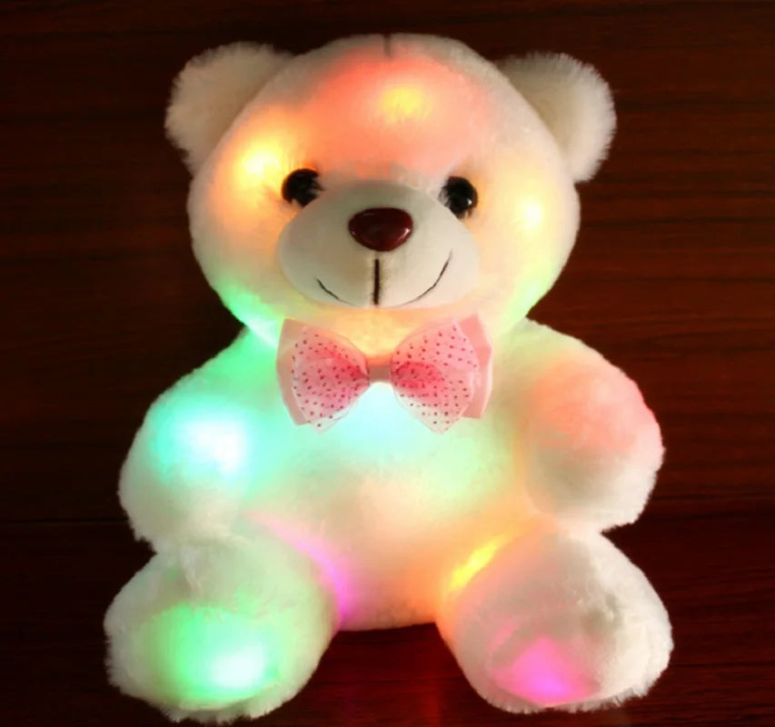 LED teddy bear plush with color-changing lights, soft and glowing stuffed animal perfect for kids’ nightlight and holiday gifts.