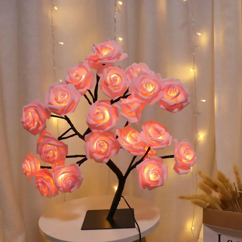 24 LED Rose Tree table lamp, USB-powered decorative night light for home, party, wedding, and festive decorations.