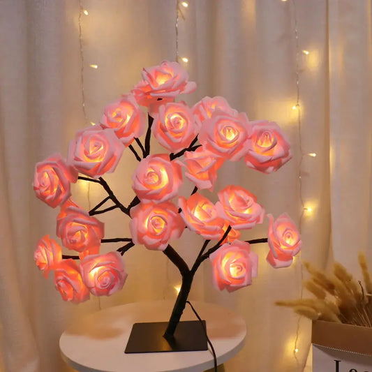 24 LED Rose Tree table lamp, USB-powered decorative night light for home, party, wedding, and festive decorations.