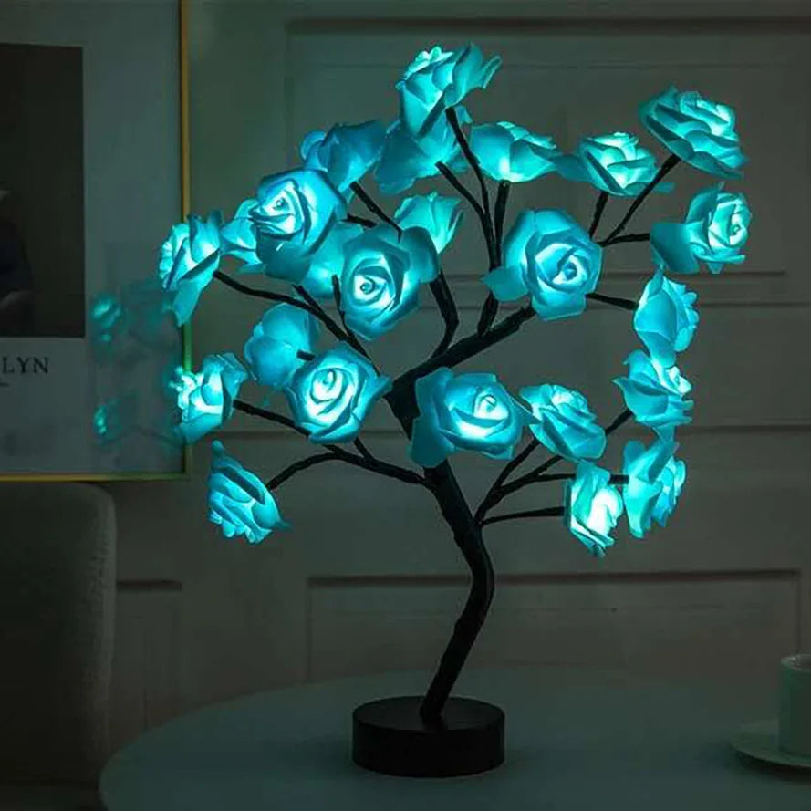 24 LED Rose Tree table lamp, USB-powered decorative night light for home, party, wedding, and festive decorations.