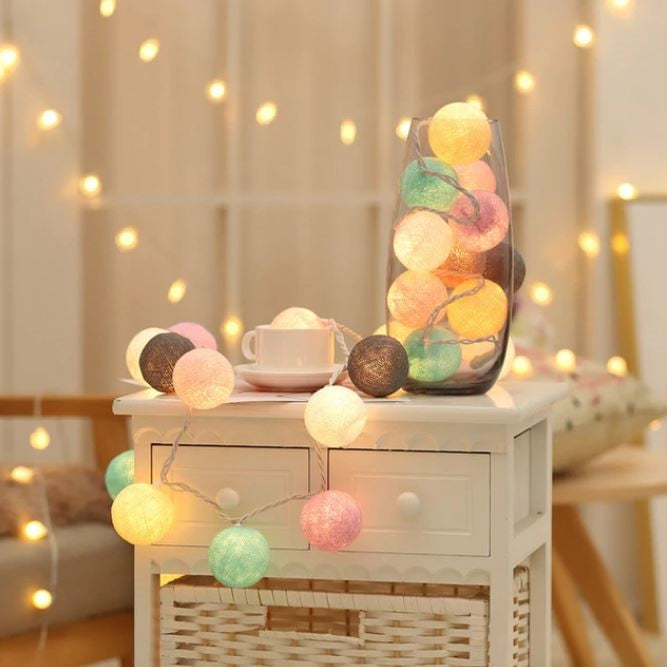 Colorful cotton ball garland lights, USB/battery-powered, cozy decor for home and events