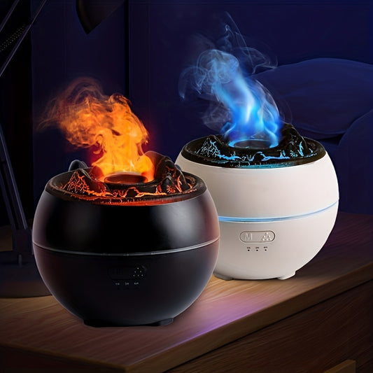 Volcano humidifier with USB power, 12.17oz capacity, perfect for bedrooms, bathrooms, and living rooms, providing soothing mist and decorative ambiance.