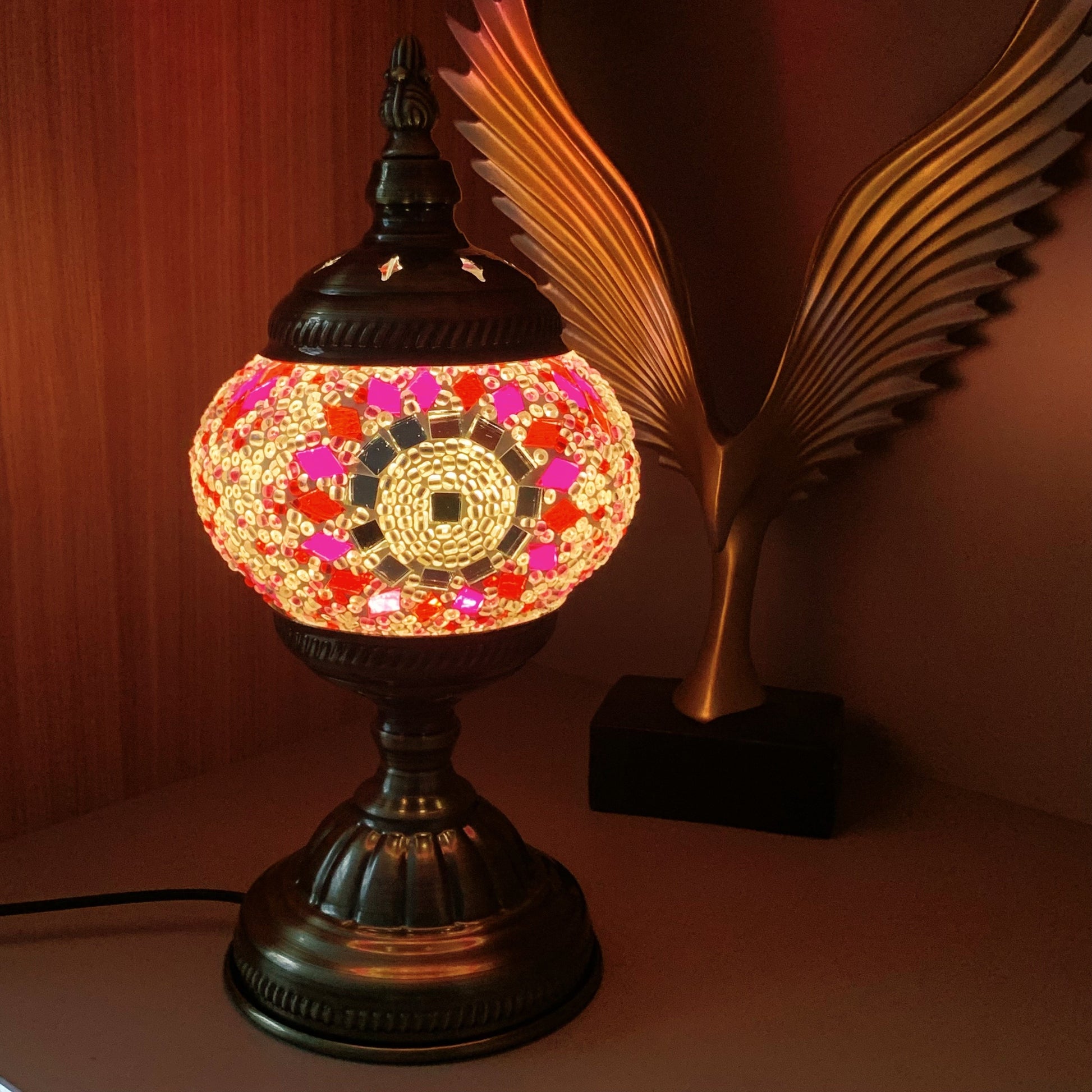 Colorful Turkish mosaic lamp with handcrafted glass design, USB-powered, perfect for creating a cozy, artistic atmosphere in the bedroom or living room.