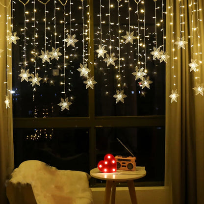 Christmas snowflakes LED string lights, 3.2M waterproof curtain fairy lights for festive home, holiday, and party decorations.