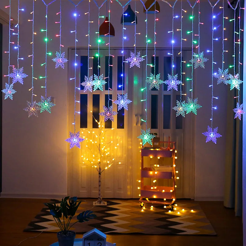 Christmas snowflakes LED string lights, 3.2M waterproof curtain fairy lights for festive home, holiday, and party decorations.