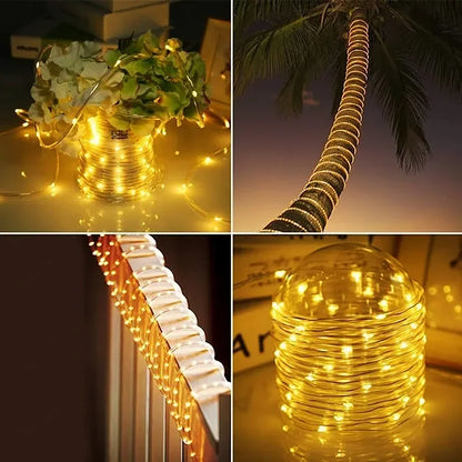 Solar-powered 300 LED rope lights perfect for outdoor Christmas decorations, lighting up gardens, pathways, and trees.